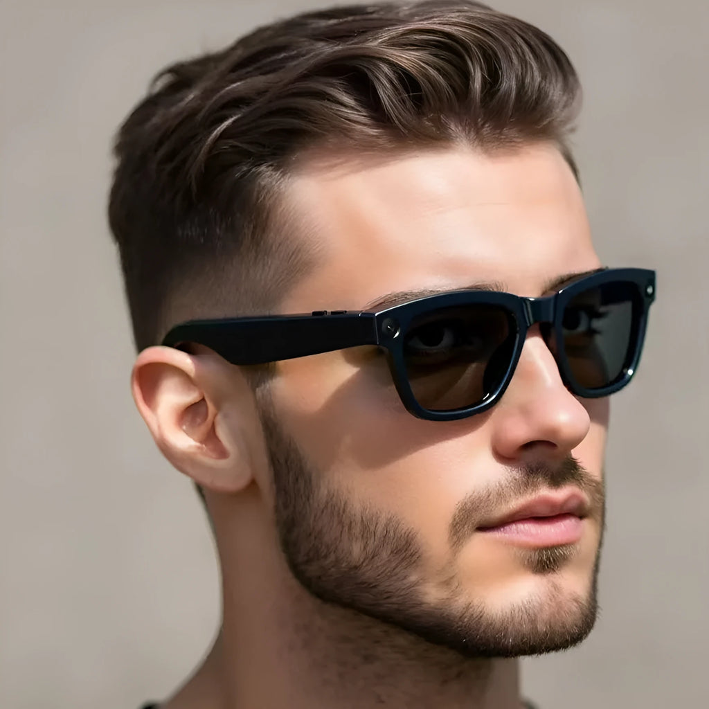 AI translation video glasses with black lens option on a table, showing camera and frame.