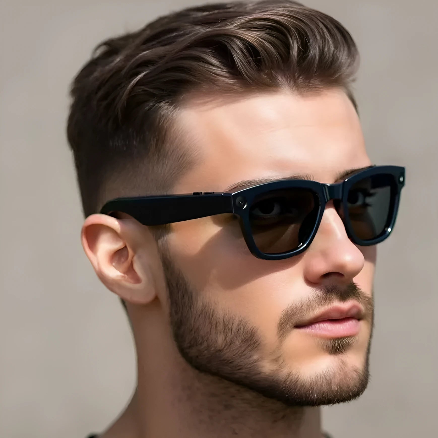 AI translation video glasses with black lens option on a table, showing camera and frame.