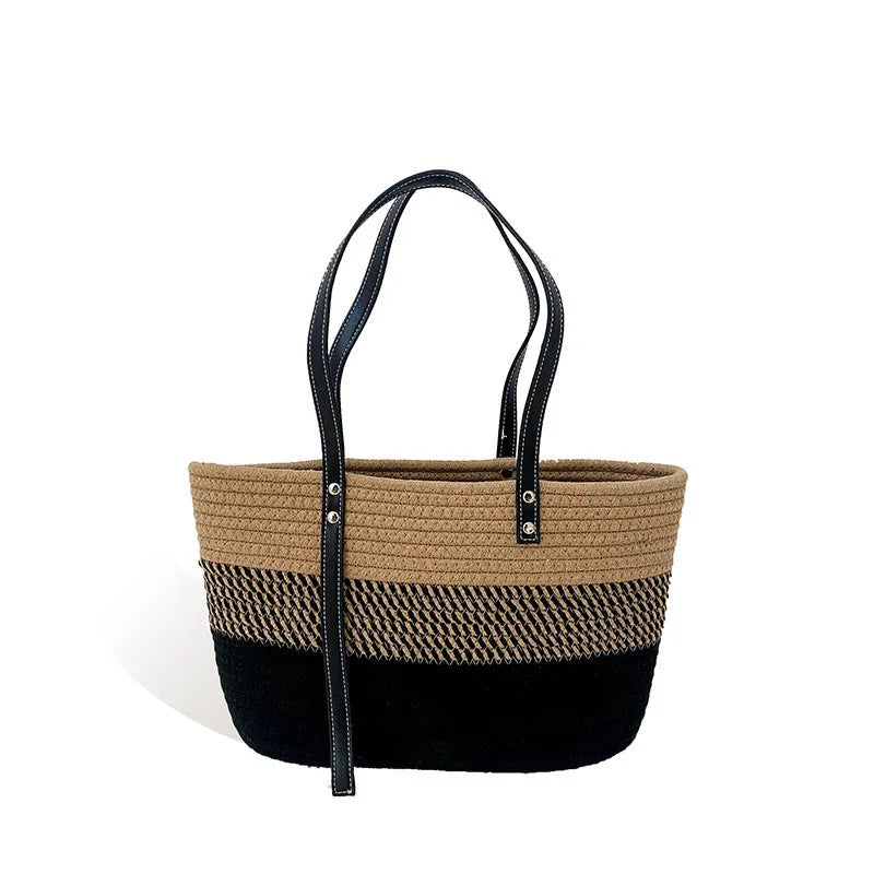 Hand woven cotton vegetable basket beach bag in khaki with double shoulder straps and contrast stitching