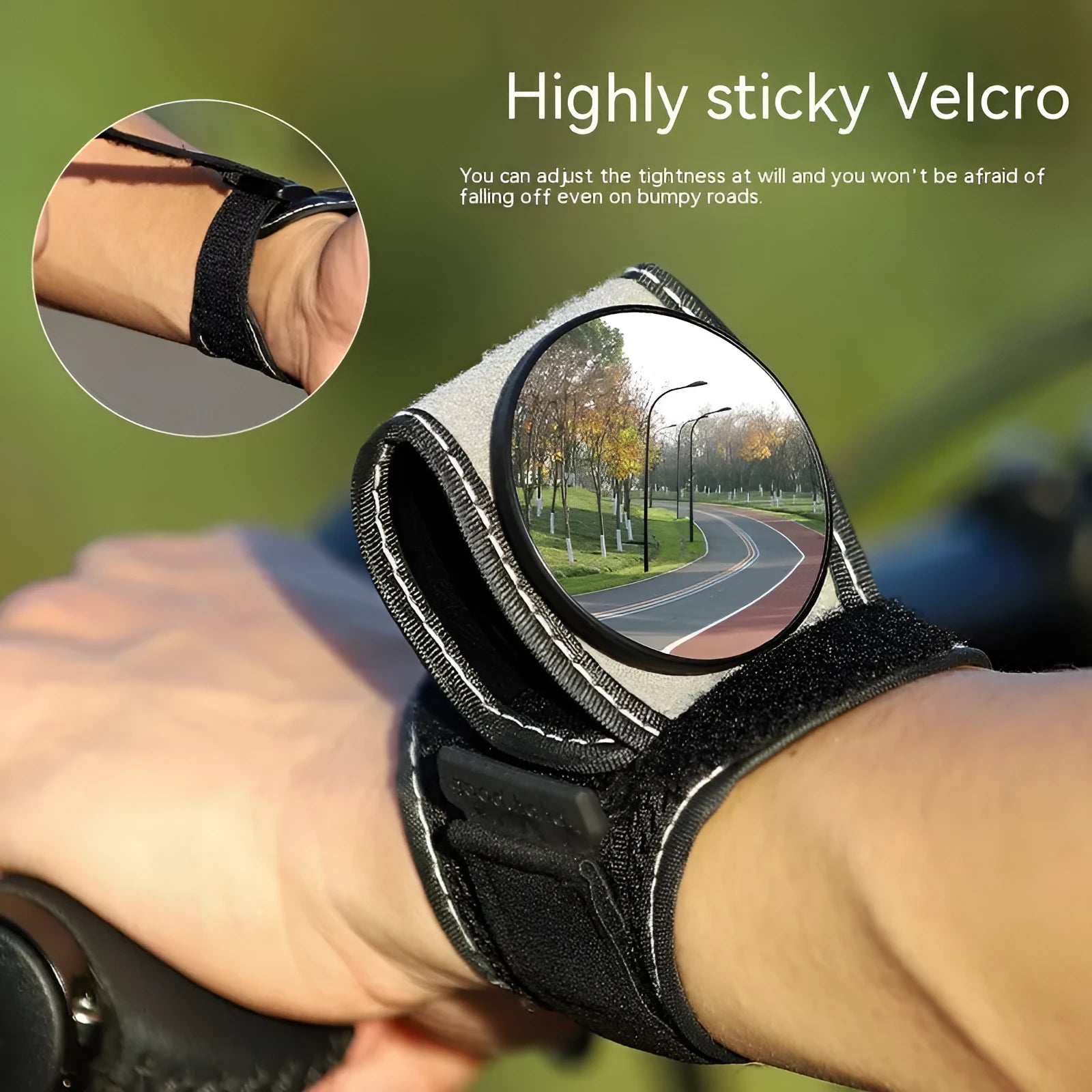 Black nylon bicycle wrist rear-view mirror with adjustable strap for cycling safety