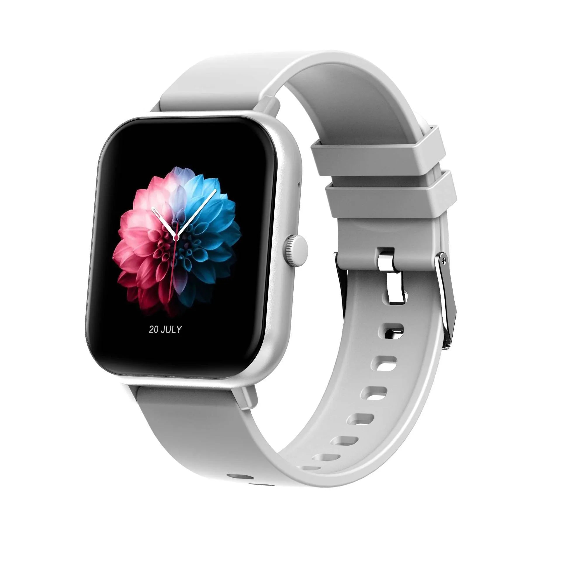A smart watch with a metal case and wrist strap, showing a TFT screen displaying heart rate data.