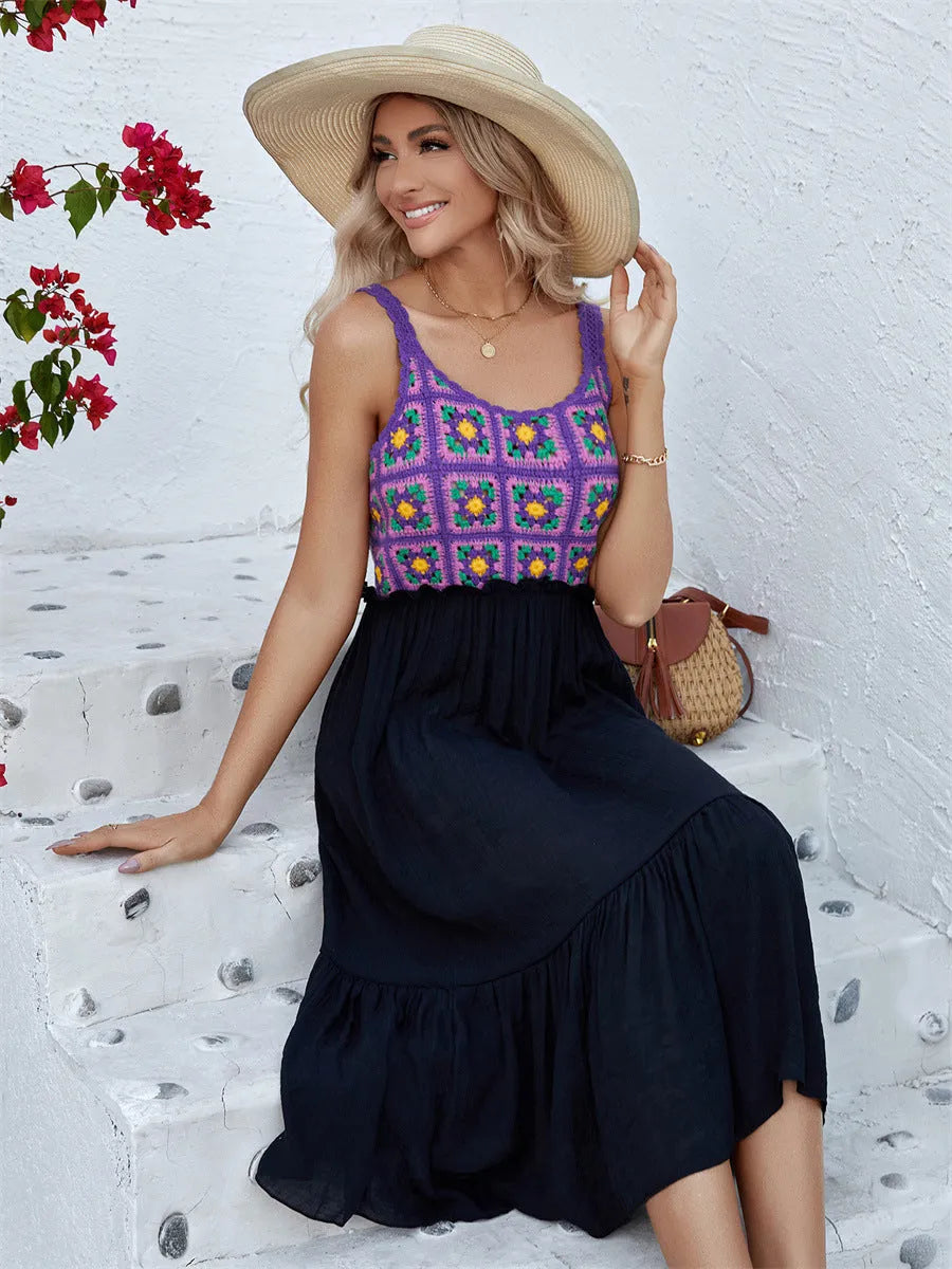 Purple hand-hooked crochet sleeveless dress with floral stitching pattern, knee-length A-line silhouette.