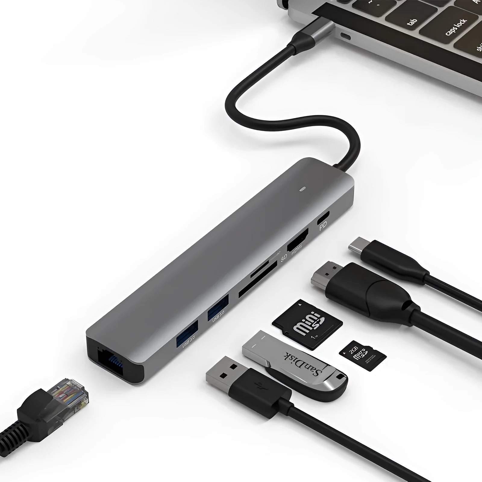LQT-LH07 7-in-1 USB-C hub with card reader slots and multiple ports on a dark background.