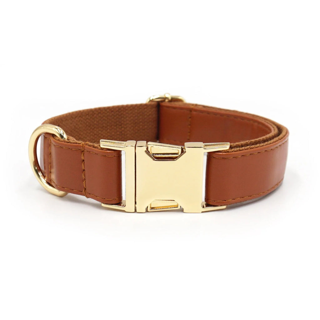 Leather Velvet-style dog collar shown in multiple colour options including caramel, dark blue, and dark brown.