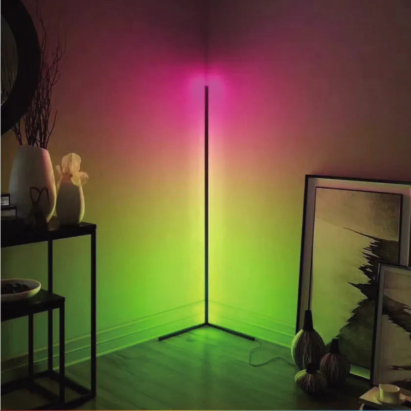 Black smart floor lamp with RGB lighting and remote control for bedroom atmospheric illumination