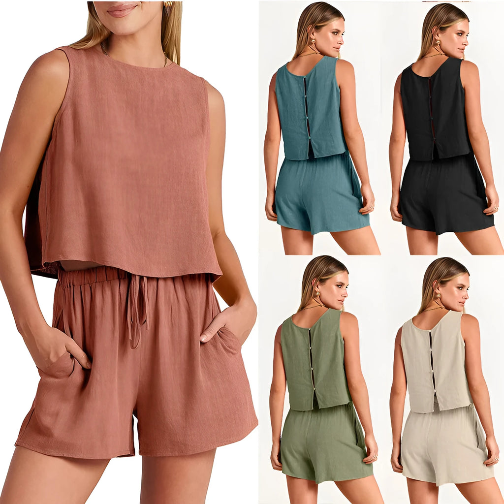 Women's two-piece summer suit with sleeveless top and drawstring shorts in rayon-linen blend fabric
