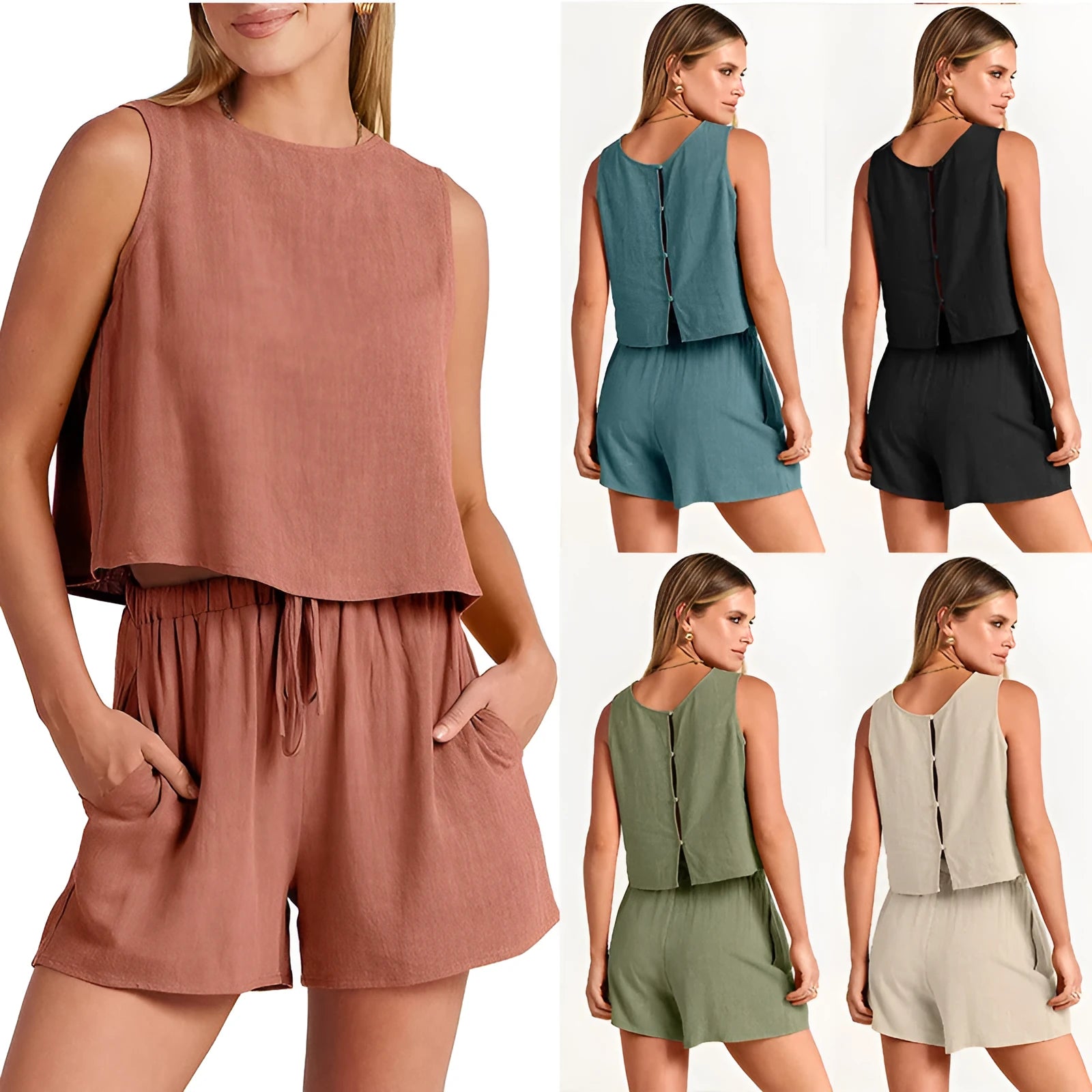 Women's two-piece summer suit with sleeveless top and drawstring shorts in rayon-linen blend fabric