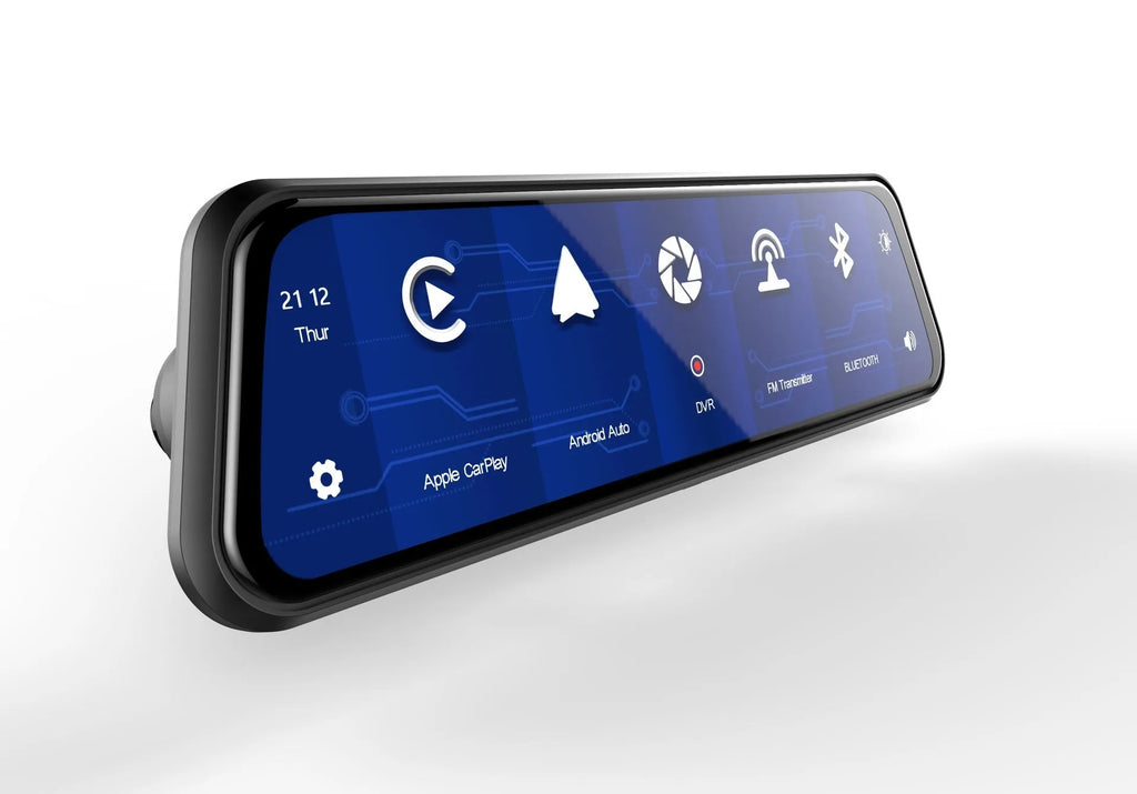 Dual-lens car dash cam with 9.66 inch touch screen mounted behind rearview mirror