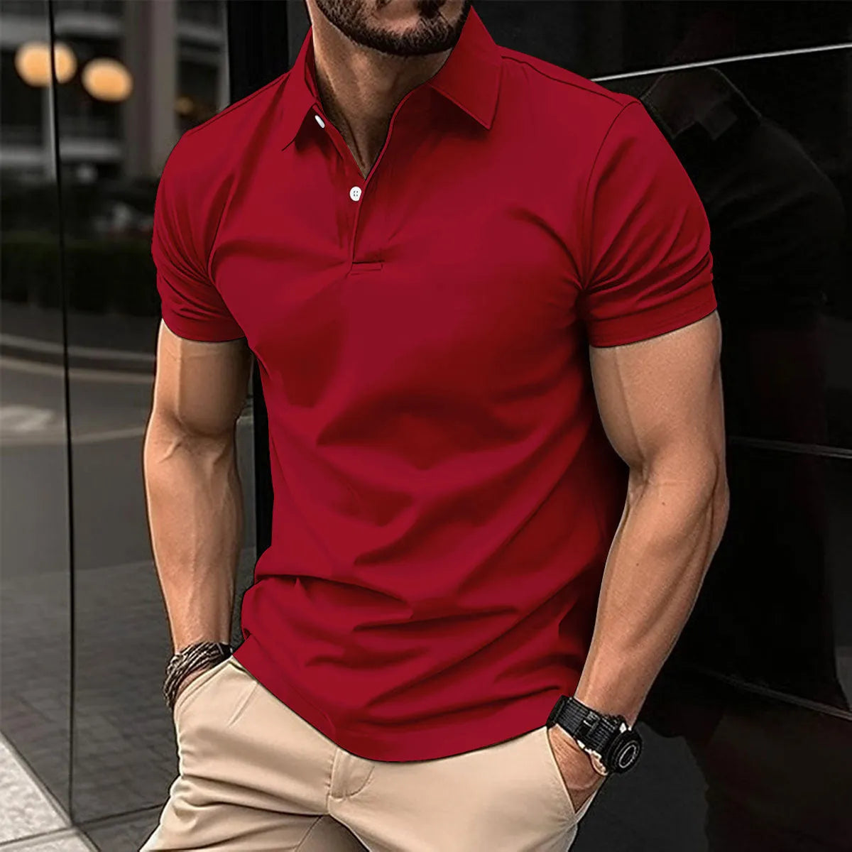 Men's solid colour short sleeve polo shirt with a button-down lapel collar, shown in a light green colour.