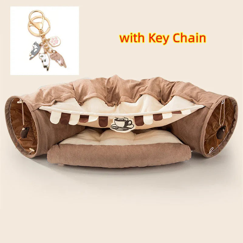 Collapsible cat tunnel toy in Bar colour design showing folded and expanded states