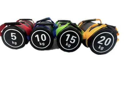 Flat white PVC fitness training sandbag for weight lifting and strength exercises.