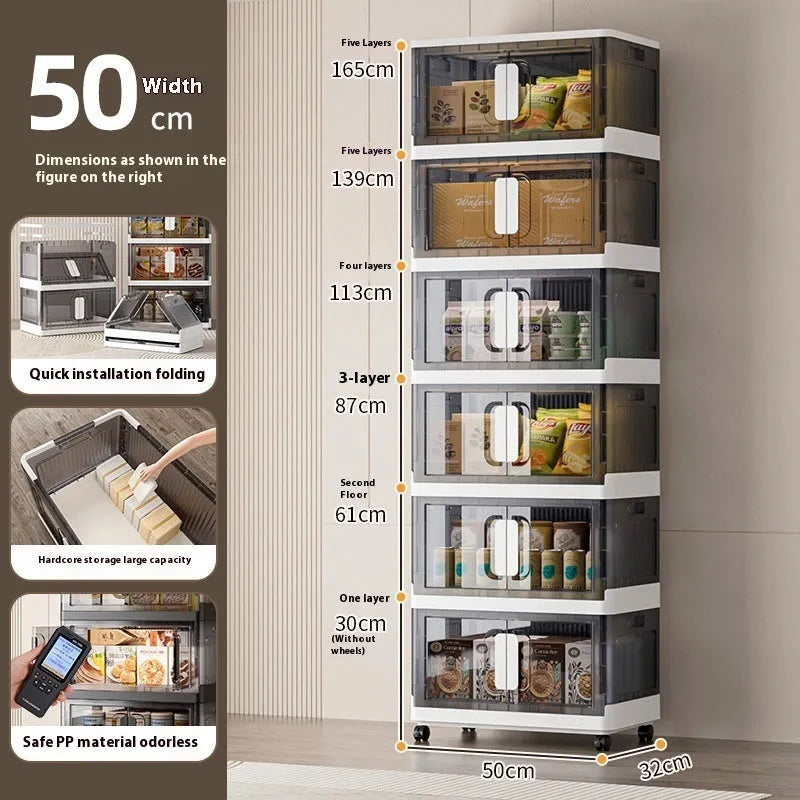Foldable white household storage locker with wheels and multiple shelves for shoes and toys.