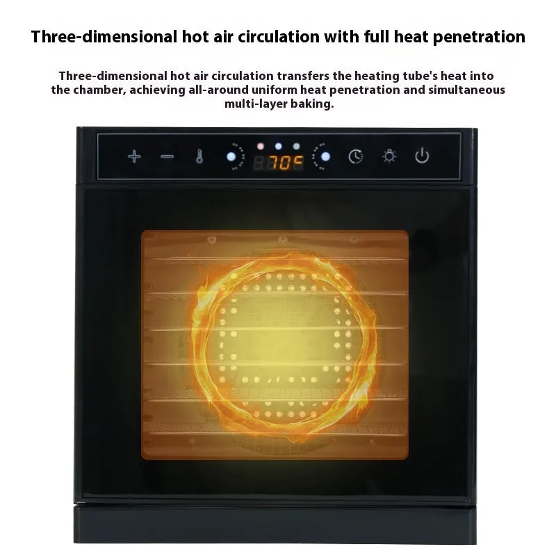 Stainless steel fruit dehydrator with visual skylight window showing food drying inside