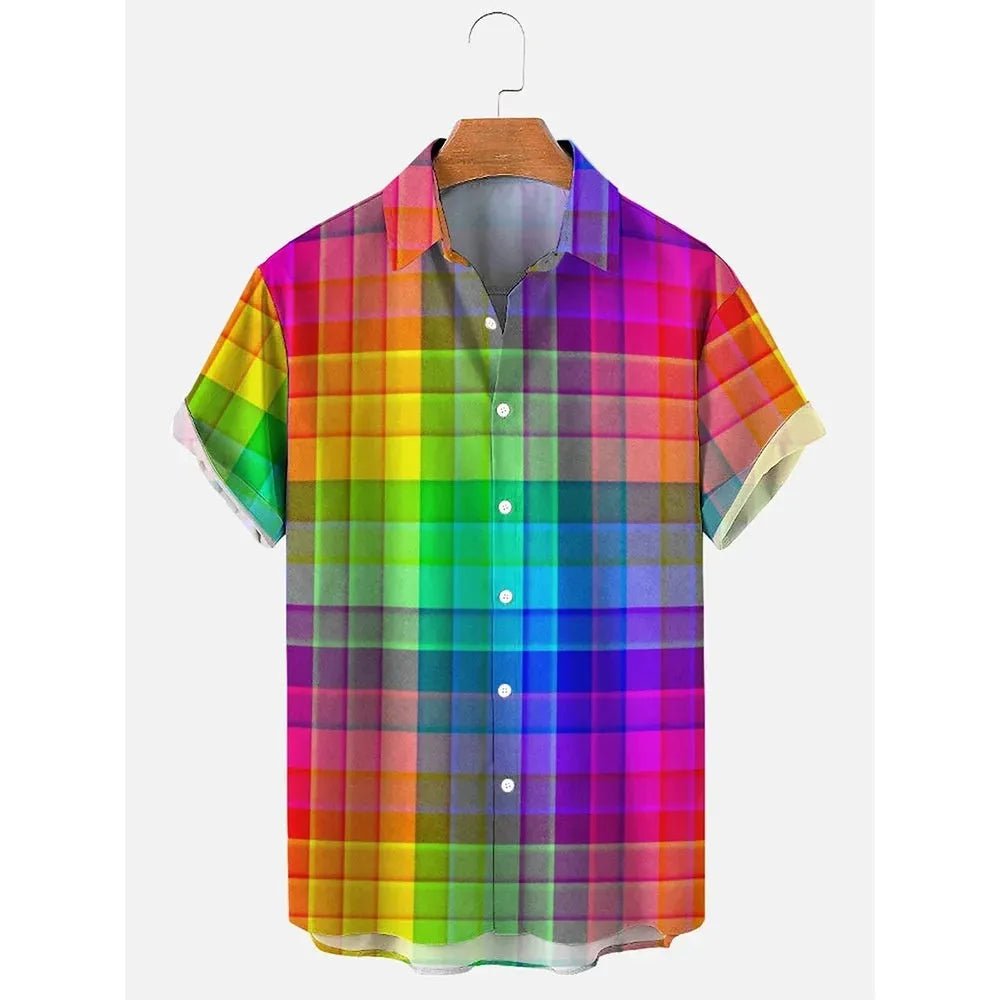 Man wearing a blue and white striped Hawaiian style short sleeve button-down shirt.