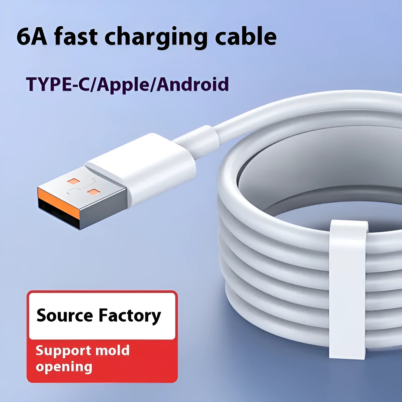 White 6A super fast charge data cable with Type-C connector, 1m length