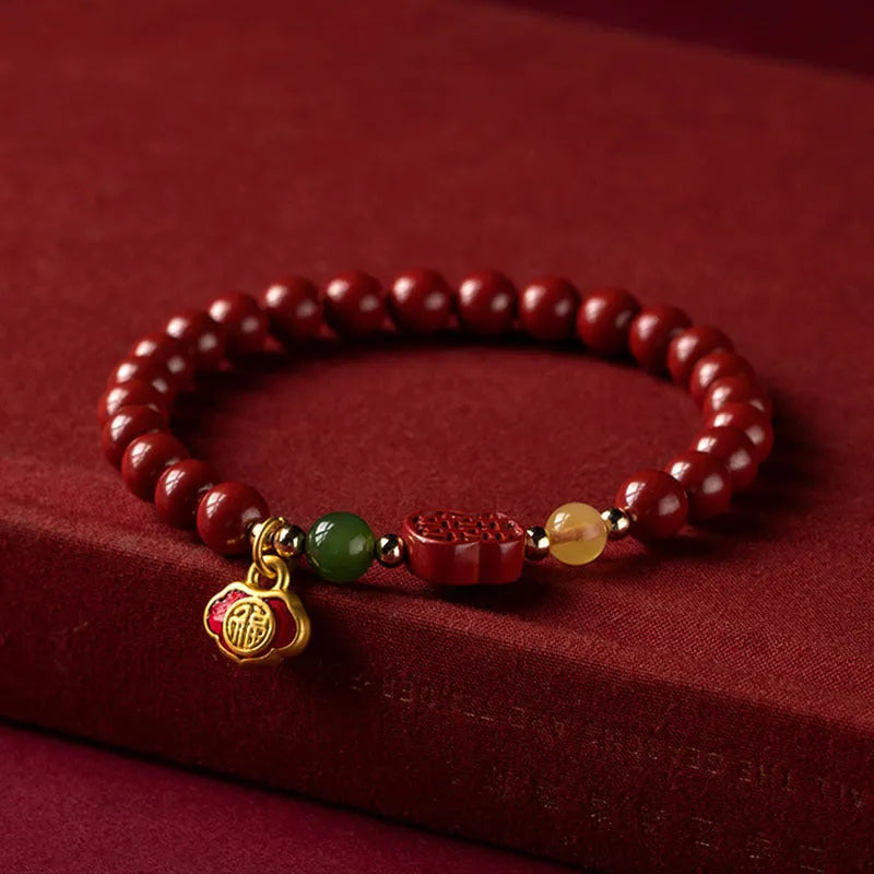 Emperor sandstone cinnabar bracelet with fu character, showing 6mm and 8mm bead size options.
