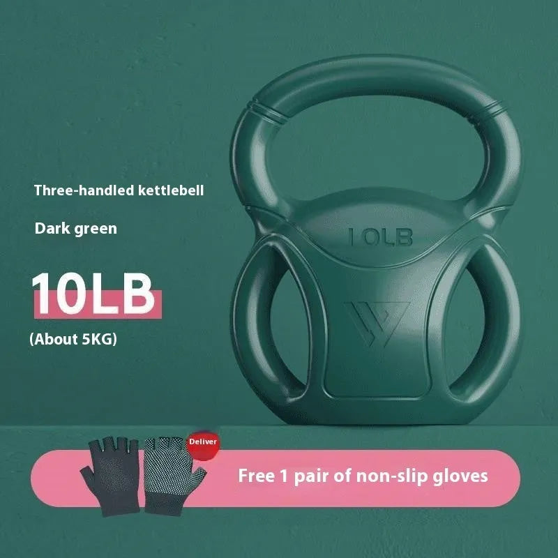 Colourful kettlebells in pink, lavender, and dark green with different weight options for home fitness