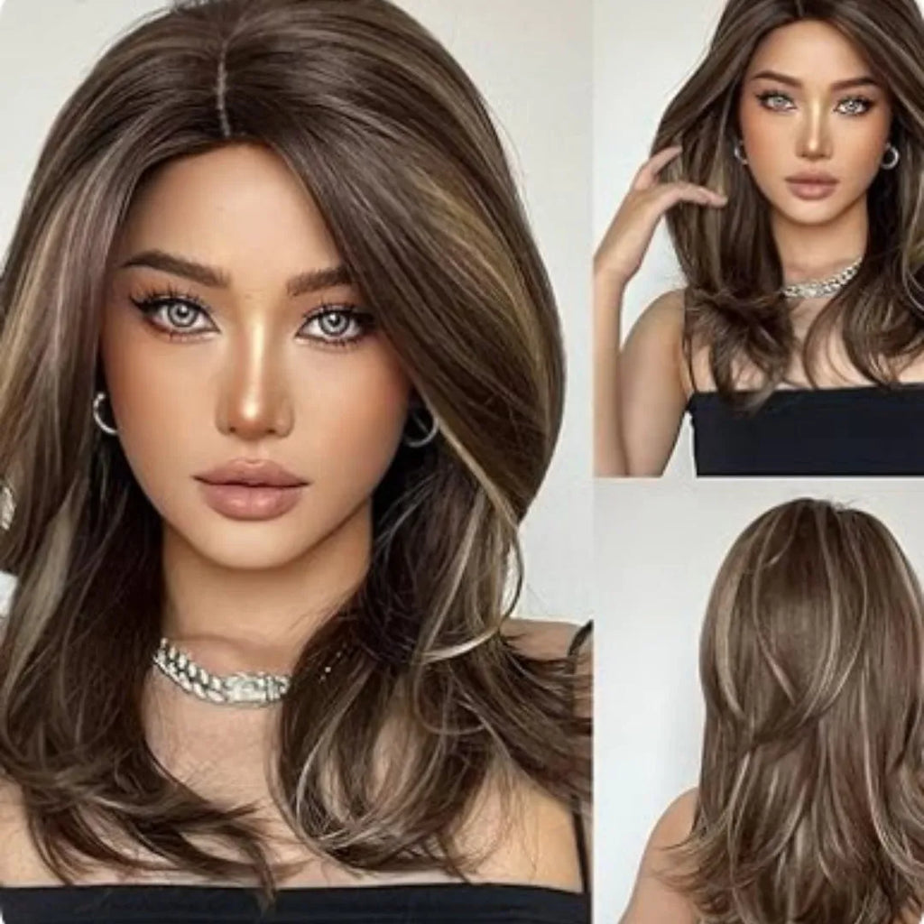 Mid-length synthetic wig with long curly hair, fringe, and platinum gradient colours
