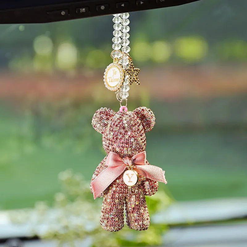 Violent Bear character car rearview mirror pendant with diamond-embedded rhinestone detailing measuring 5x9cm