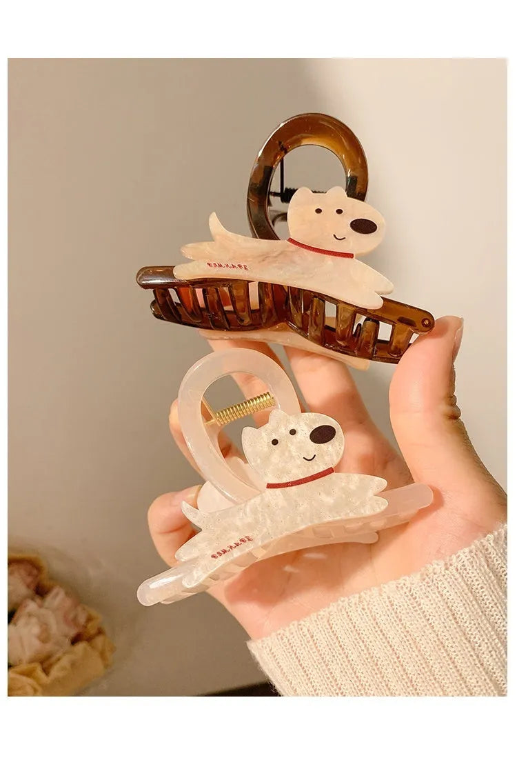 Beige and brown cartoon puppy hair grip barrettes shown in 13cm and 8cm sizes on a white background.