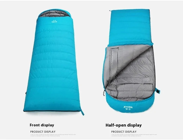 Black outdoor adult sleeping bag with envelope structure and white goose down filler.