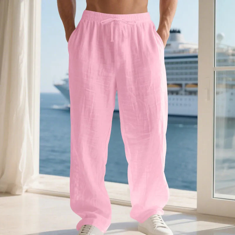 Men's linen solid colour loose fit wide leg drawstring beach trousers, straight cut, summer casual wear