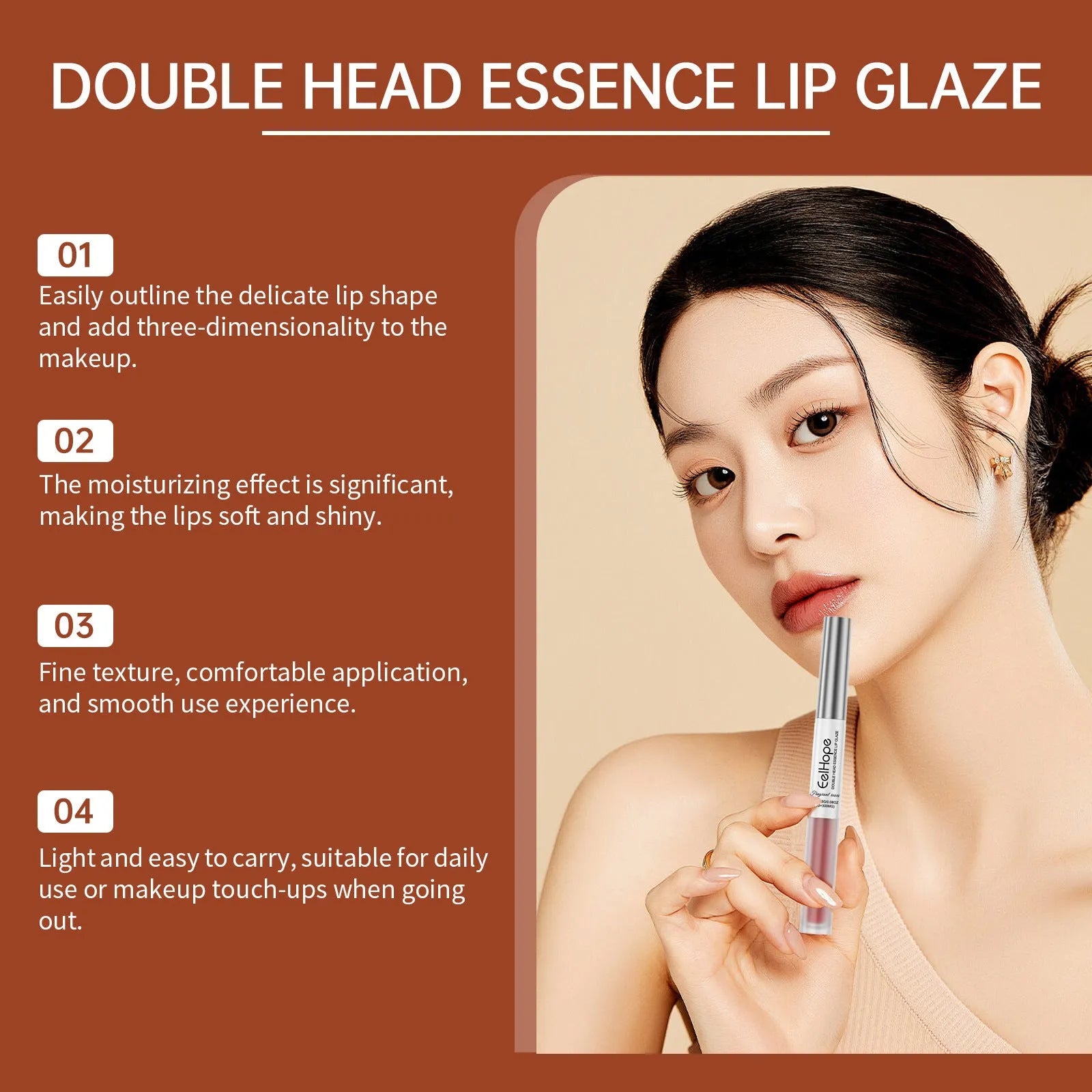 Double-ended lip liner and lip lacquer pen in three colour shades.