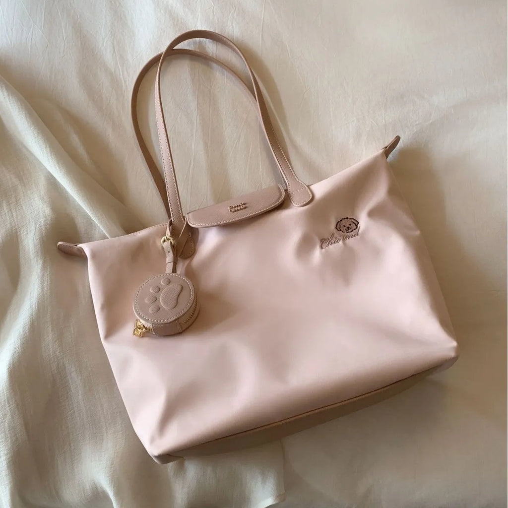Oxford cloth tote shoulder bag in beige with sandwich pocket and internal phone storage