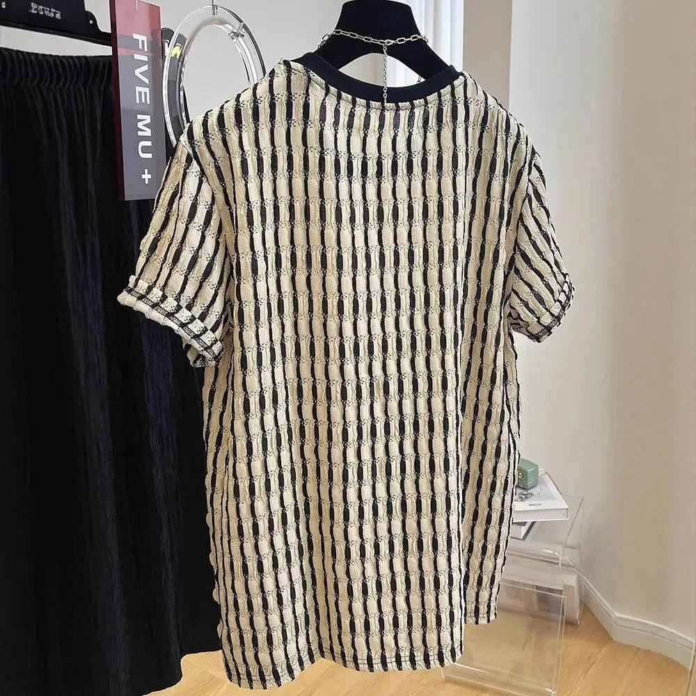 Black striped men's casual loose fit pullover shirt with short sleeves