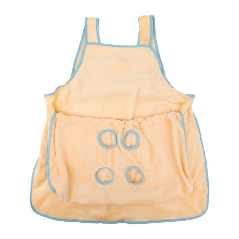 Plush pet carrier apron for small cats and dogs showing adjustable neck strap and pet opening