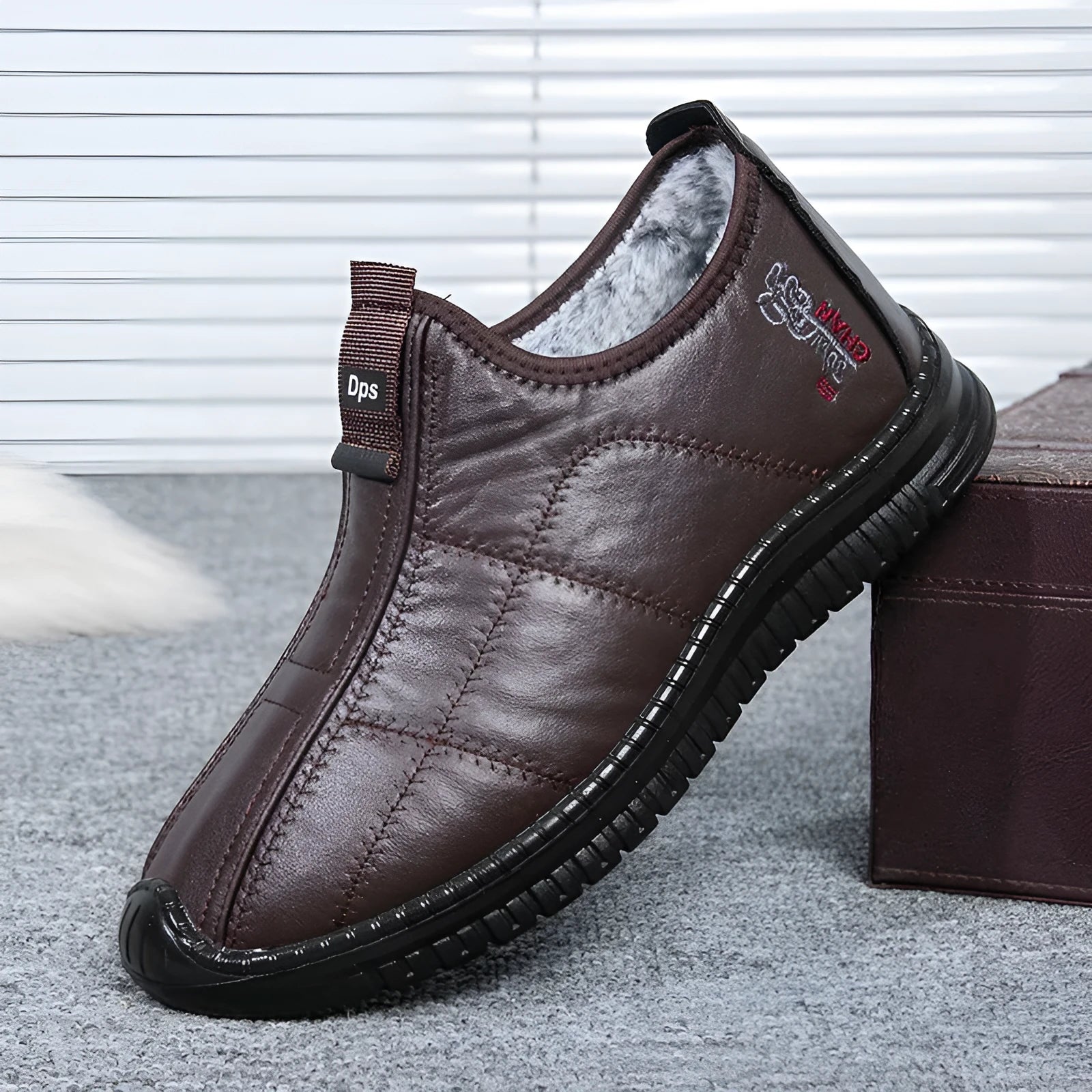 Men's brown winter cotton boots with a buckle fastening and a thick sole.