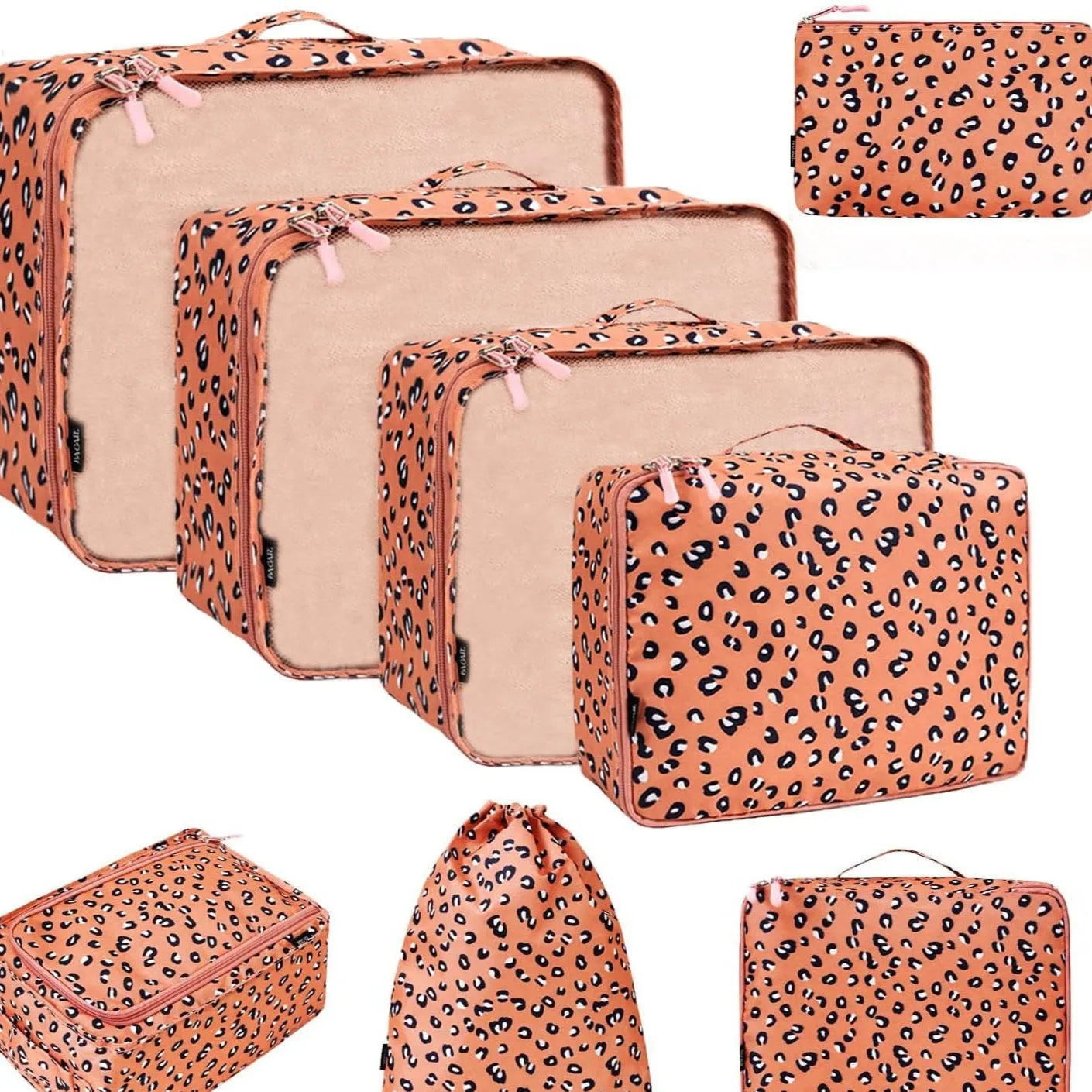 Eight cubic travel packing bags in various colours including beige, black, pink leopard print, and white pink stripes