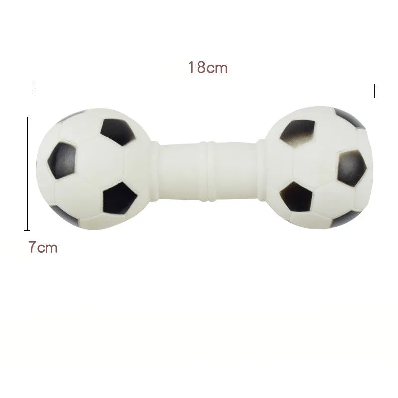 Brown, orange, white and yellow football dumbbell shaped squeaky dog chew toy.