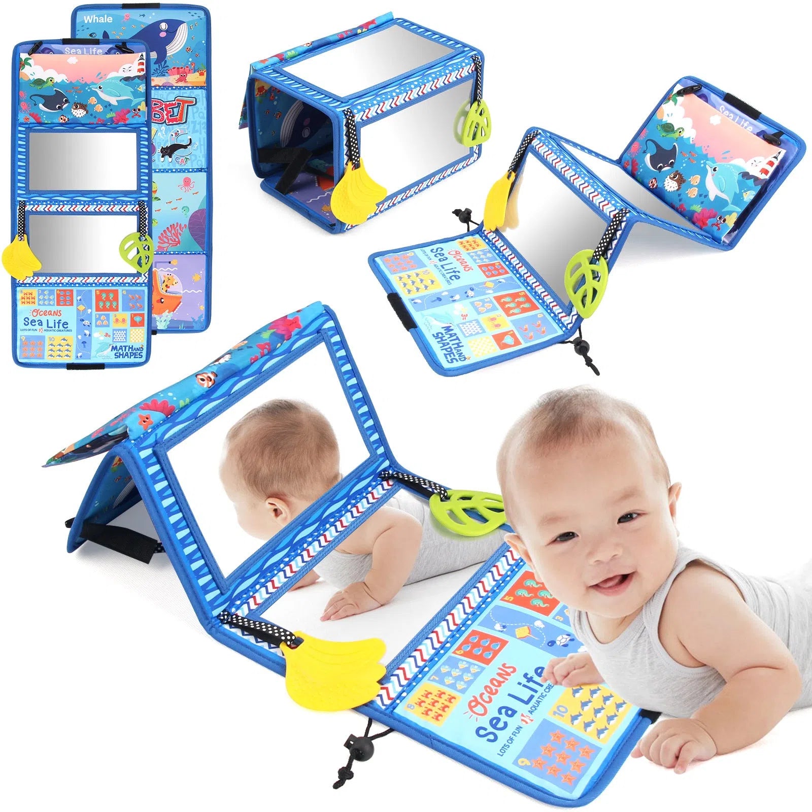 Four folding baby mirror cloth book with mirror pendant for infant sensory development 0-3 years