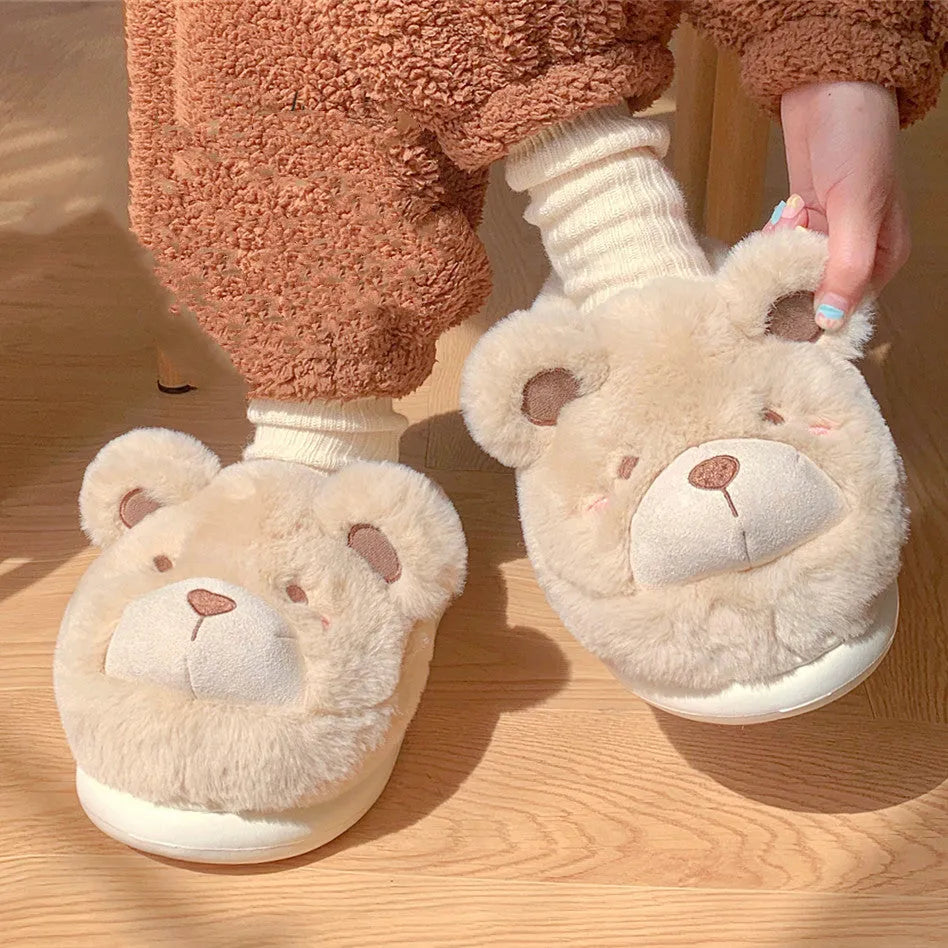 Cartoon cute plush slippers for women in khaki colour with a suede upper and round toe.