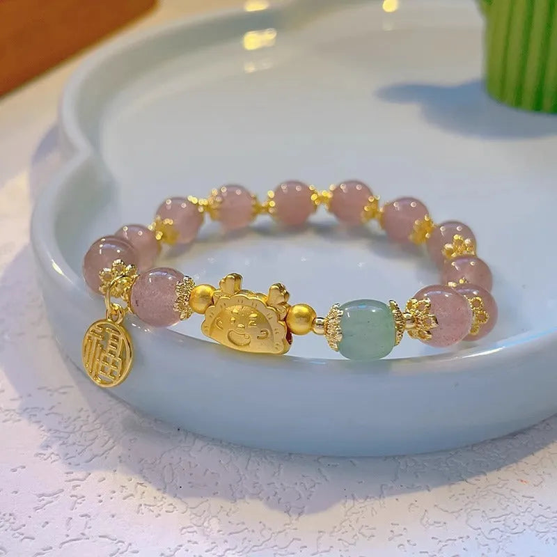 Glass floral bracelet with ice crack pattern and zodiac modelling in red, pink, or white bead options