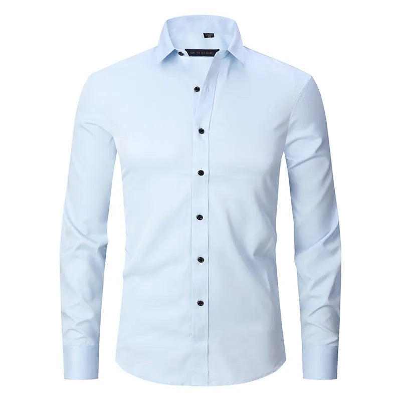 Men's long sleeve stretch work shirt in polyester fabric showing front view