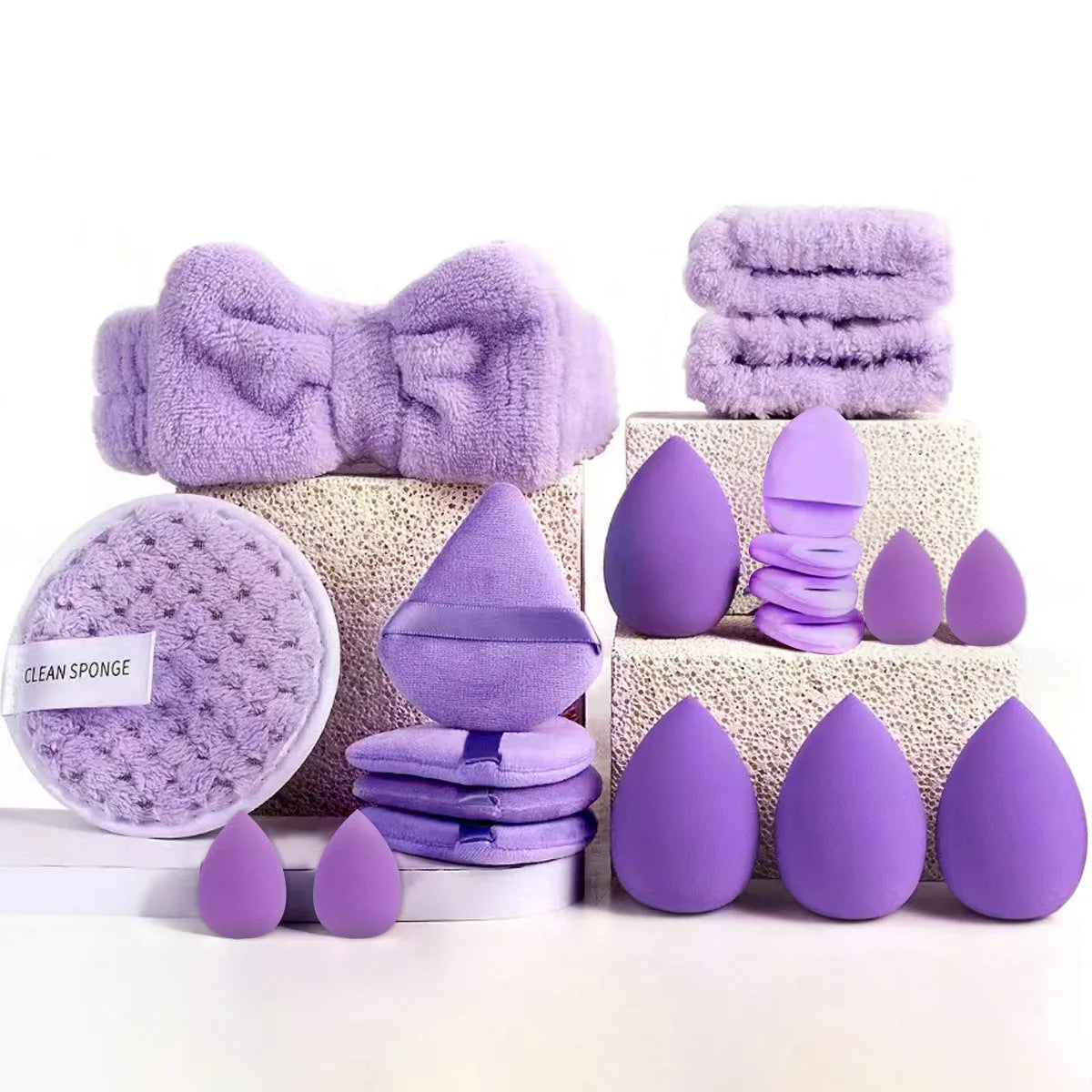 Professional makeup brush set with face wash tools in brown, pink, and purple colour options