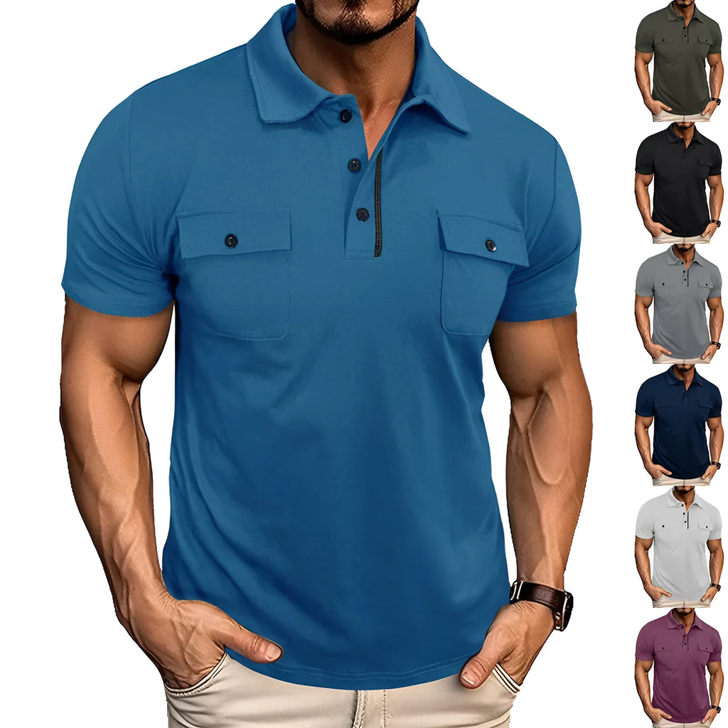 Summer lapel button polo shirt with pockets for men in army green colour, short sleeves, loose fit