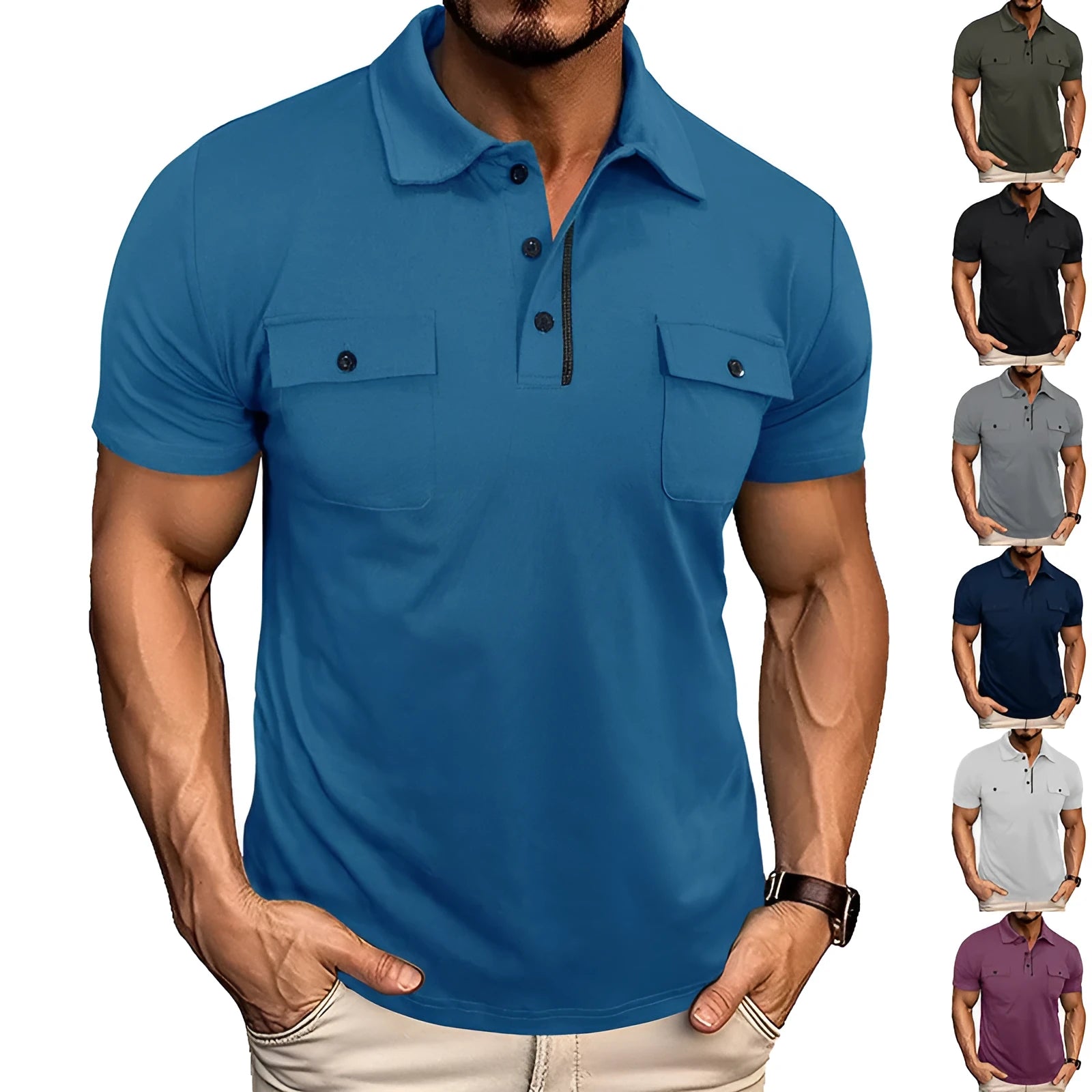 Summer lapel button polo shirt with pockets for men in army green colour, short sleeves, loose fit