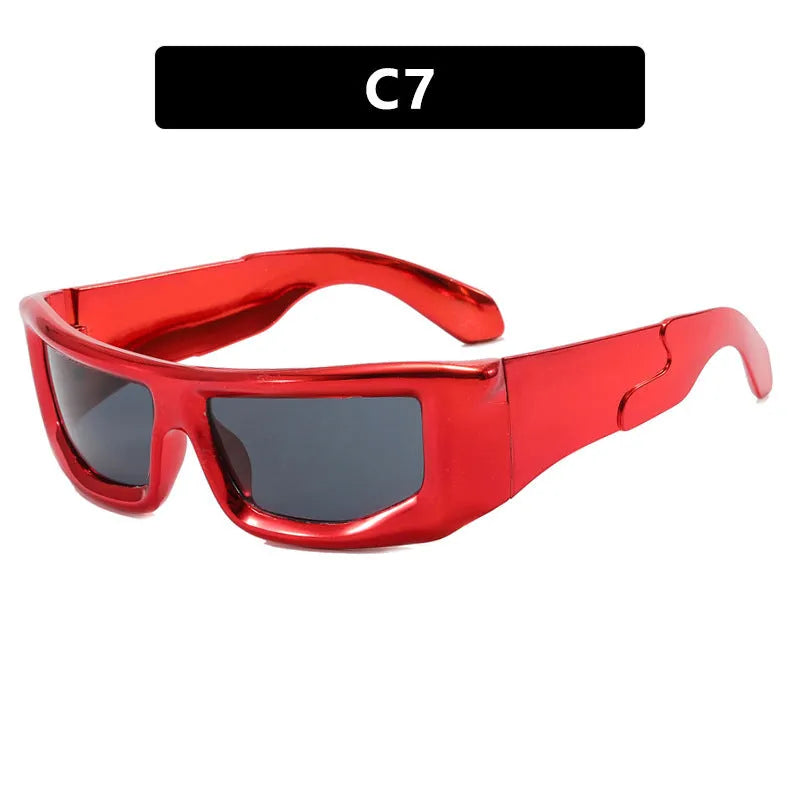 Futuristic sunshade sun glasses with AC lens and PC frame in silver frame with white mercury lenses box style