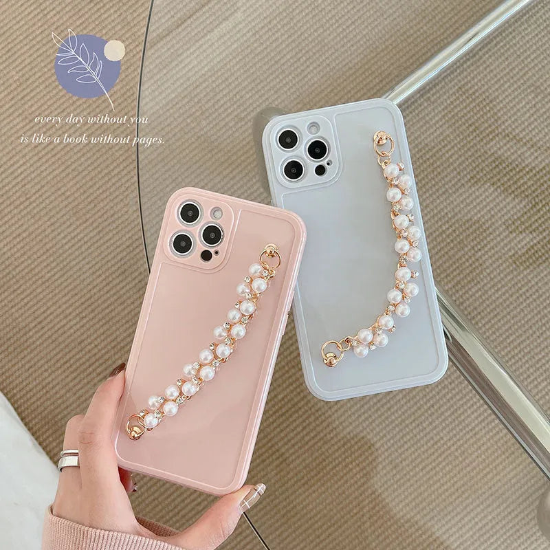 Rhinestone pearl bracelet phone case for iPhone 12 Pro Max, soft silicone, pink white, female style