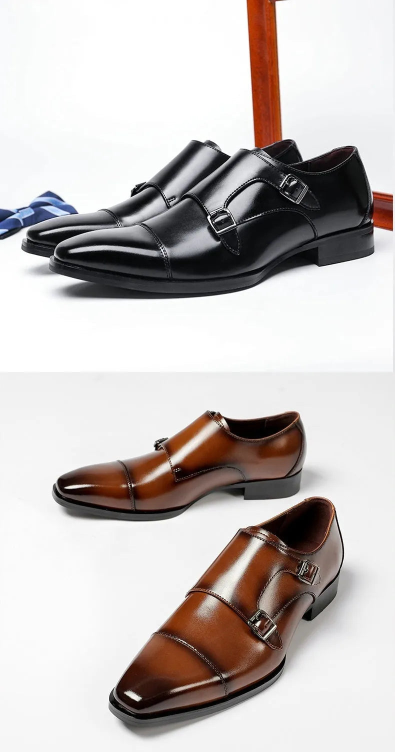 Men's black and light brown leather shoes with square toe and rubber sole in British gentleman style