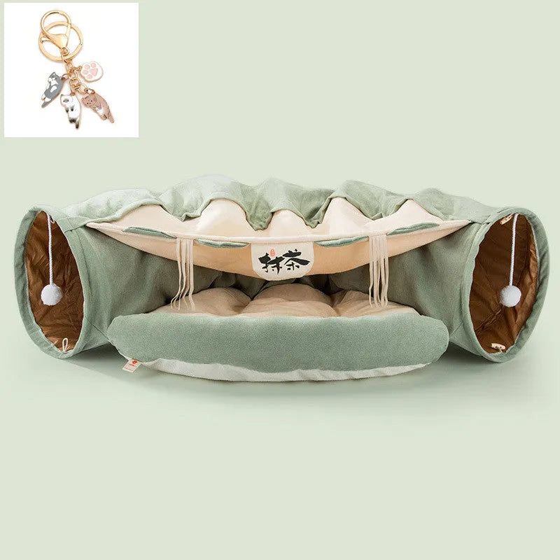 Collapsible cat tunnel toy in Bar colour design showing folded and expanded states