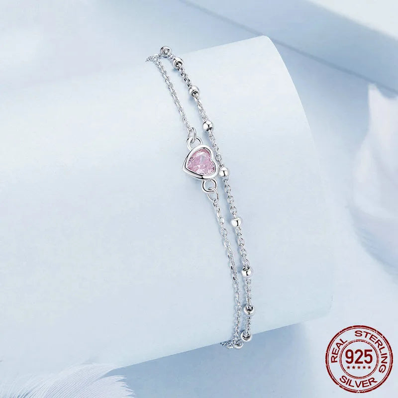 925 sterling silver heart bracelet with adjustable chain and 6mm pendant in sweet girlish style