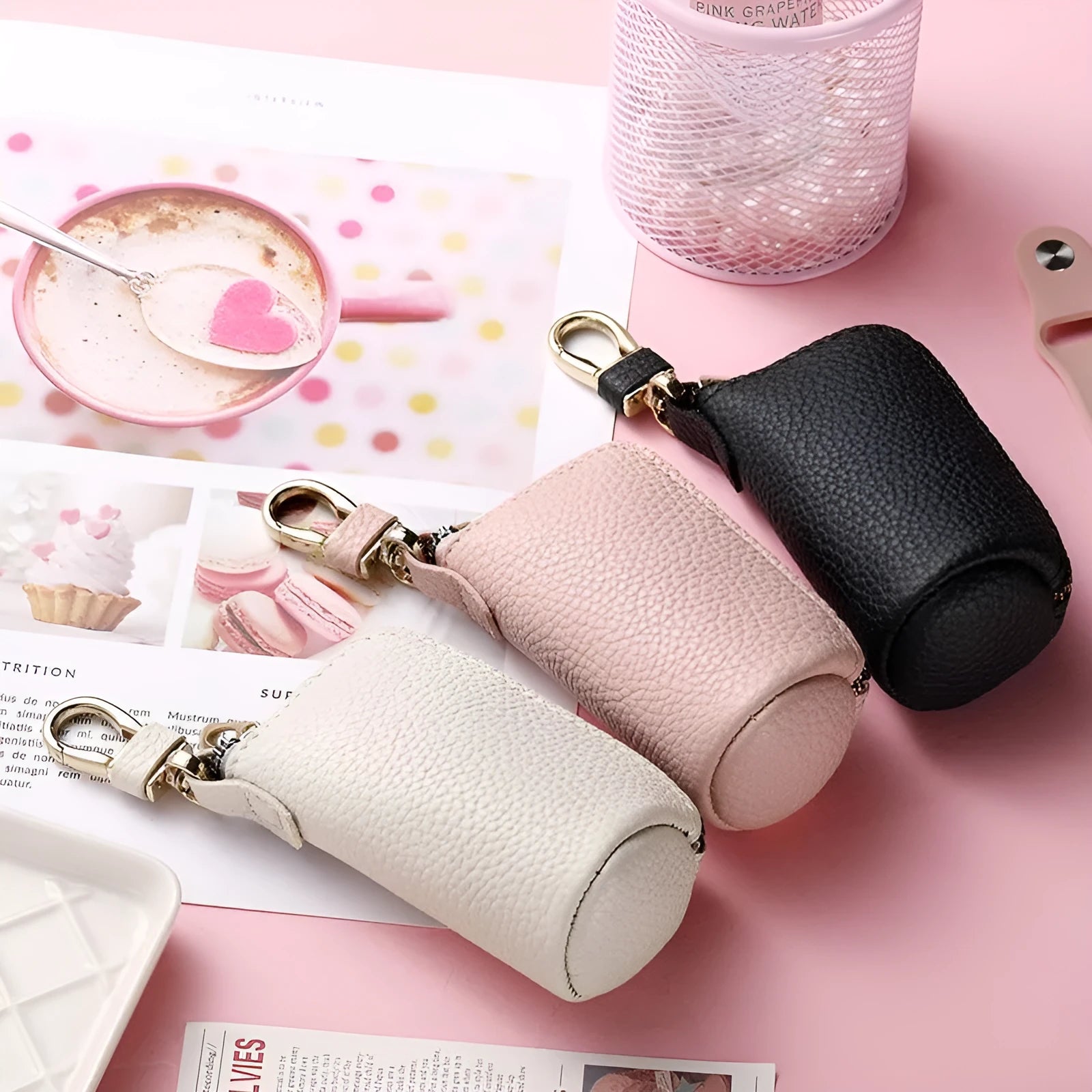 Minimalist black waterproof PU leather zip key pouch for car keys on table
