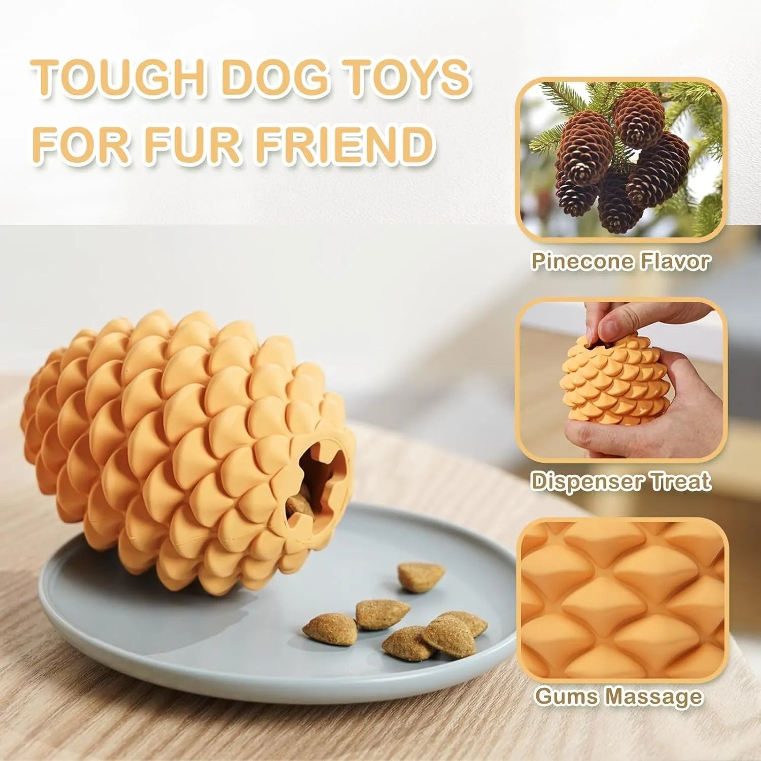 Yellow pine cone shaped natural rubber dog toy with treat dispenser for medium large aggressive chewers