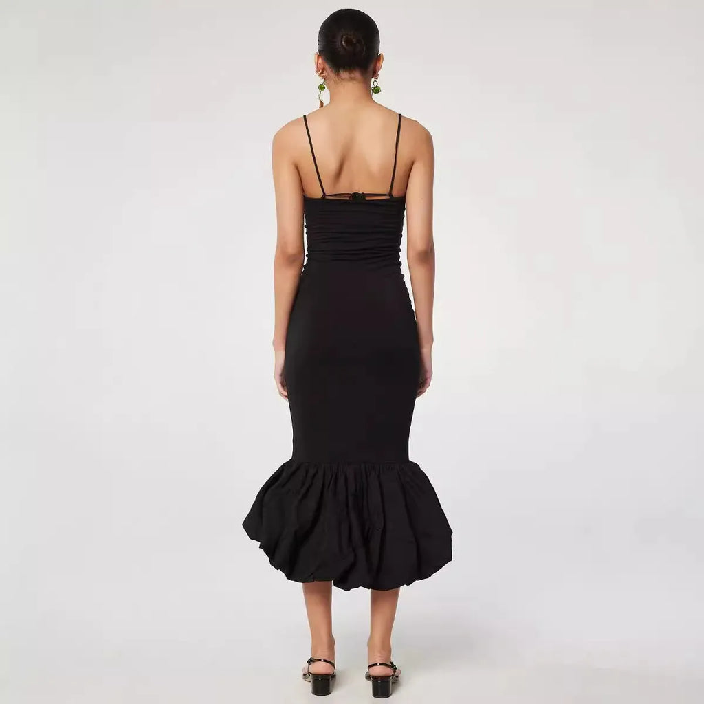 Women's black cotton knitted fishtail sling dress with high waist, sleeveless summer style