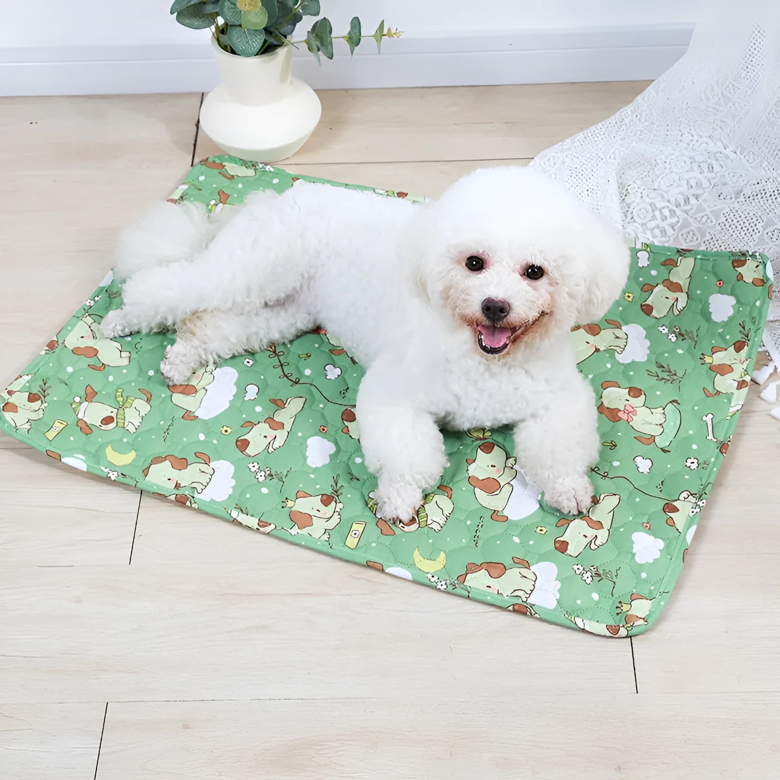 Reusable washable pet urine pad with animal print design, showing non-slip backing and cloth material.