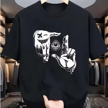 Men's cartoon print t-shirt in bird eye cloth showing round neck and short sleeve design